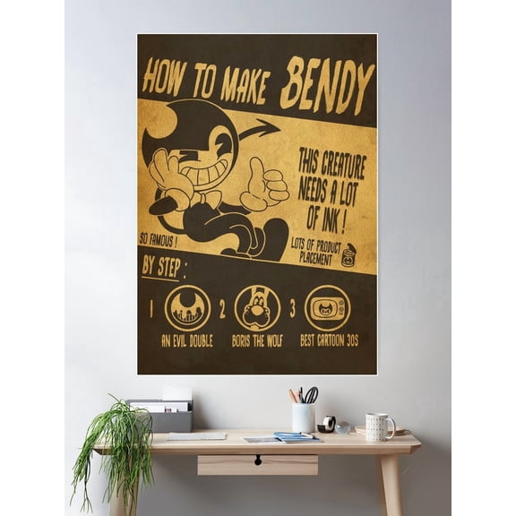 Bendy Poster, Cartoon Style Poster Wall Art Vintage Style Wall Decor Physical Poster, Poster Only