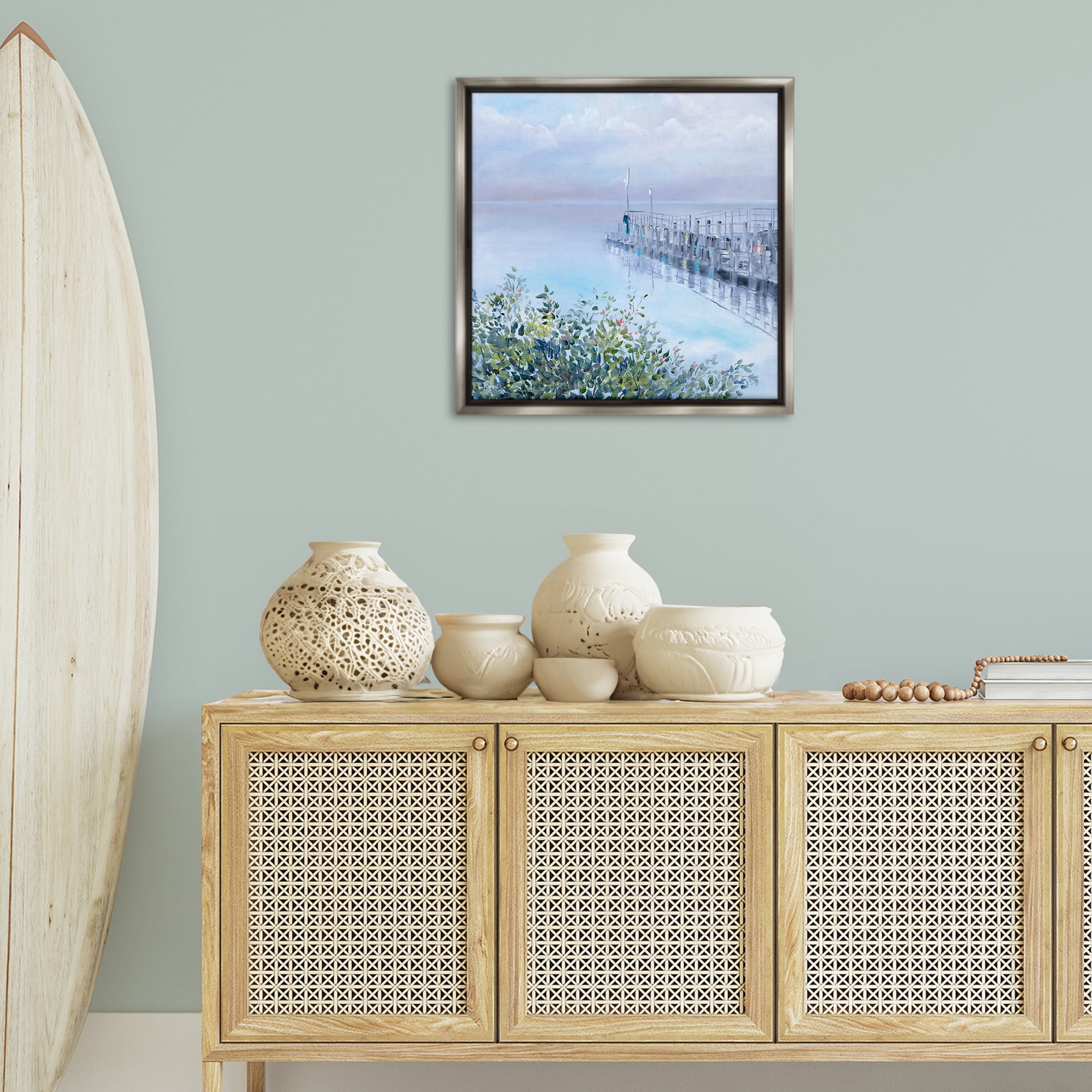Stupell Industries Foggy Harbor Dock Landscape Painting Gray Floater Framed Canvas Art Print Wall Art, 25 x 25