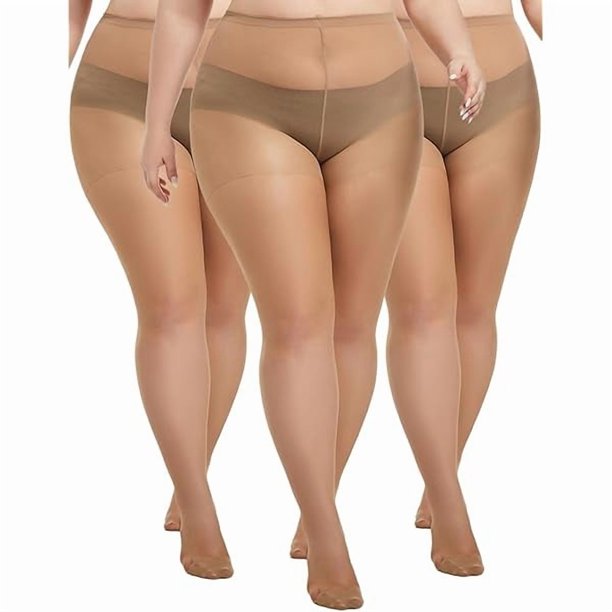 Chenchen Plus Size Tights for Women, 20D Ultra Thin High Waist Pantyhose with Reinforced Toes Sheer Stockings 3 Pairs
