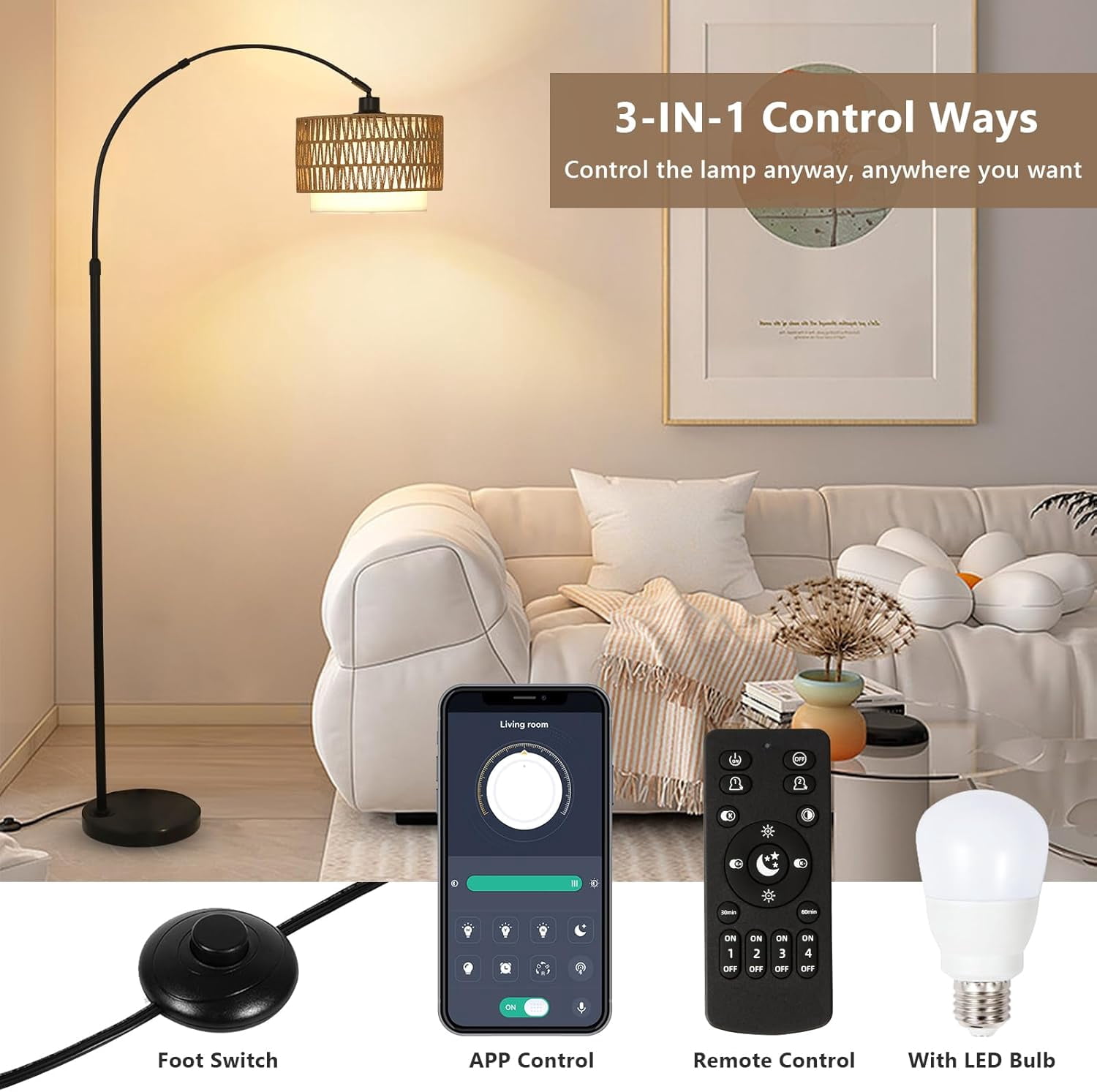 72" Arc Floor Lamp with Remote - Adjustable Height Led Standing Lamp with Rattan & Fabric Shade
