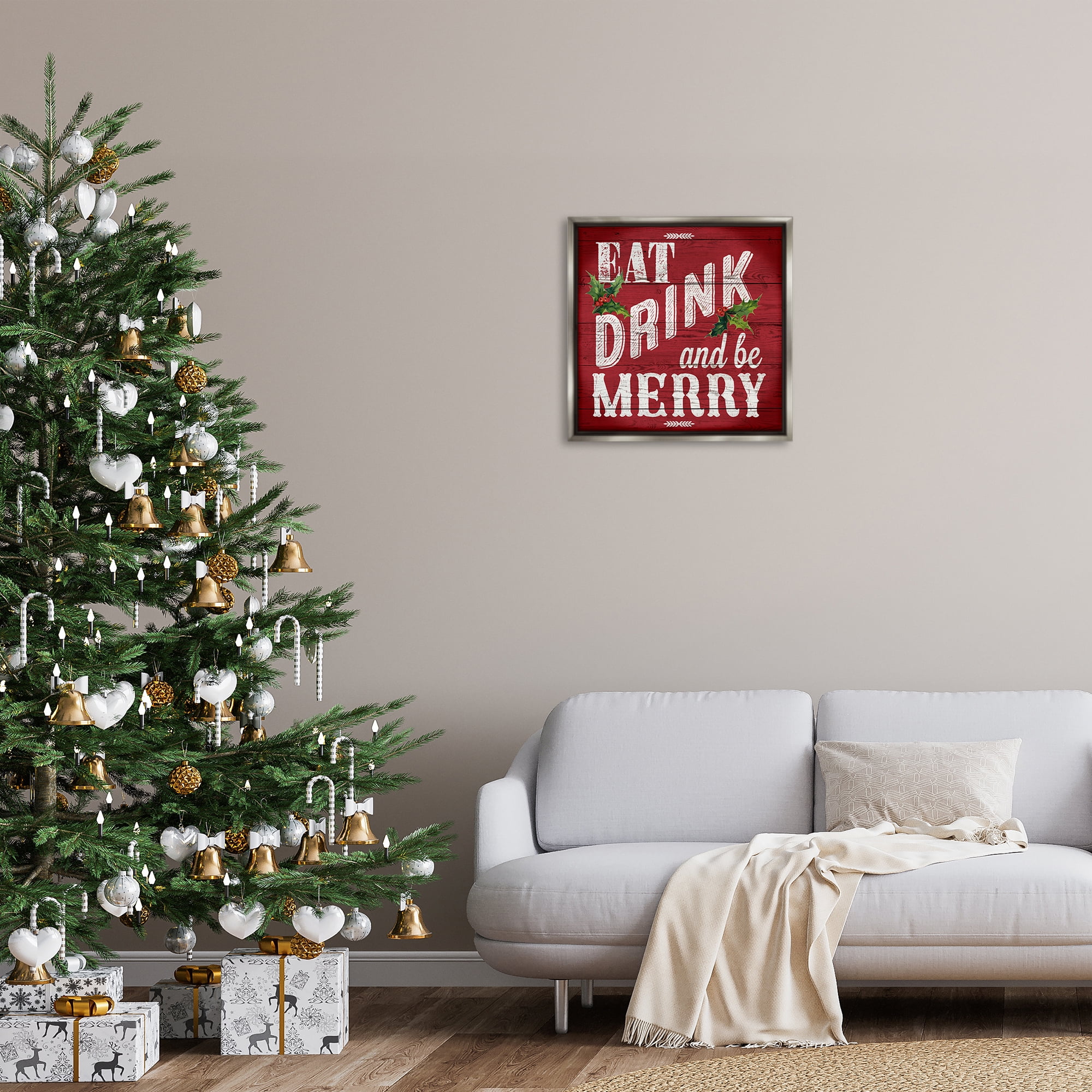 Stupell Industries Vintage Be Merry Holiday Painting Gray Floater Framed Canvas Art Prints Wall Art, 25 x 25