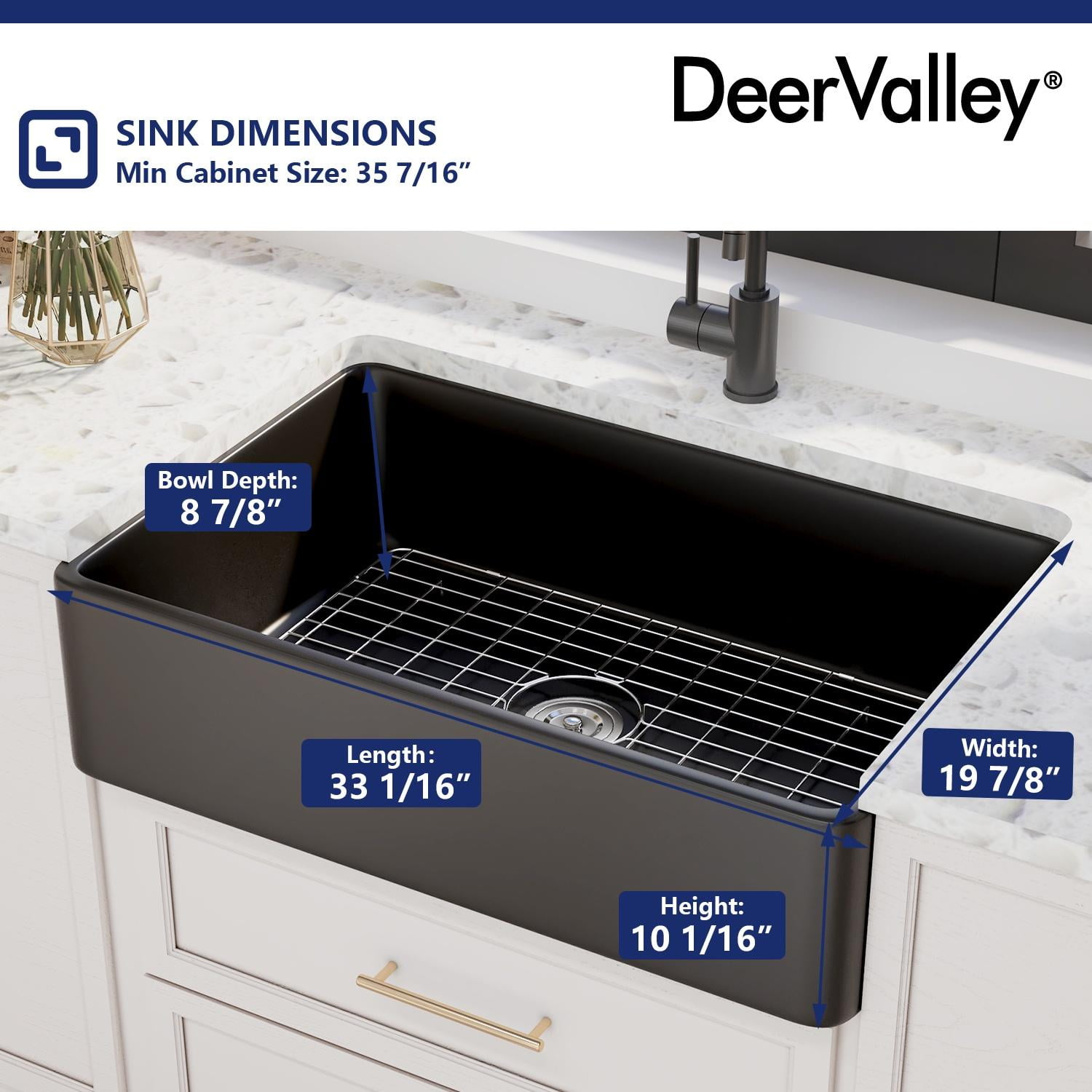 Black Ceramic 33 in. L Rectangular Single Bowl Farmhouse Apron Kitchen Sink Grid Strainer