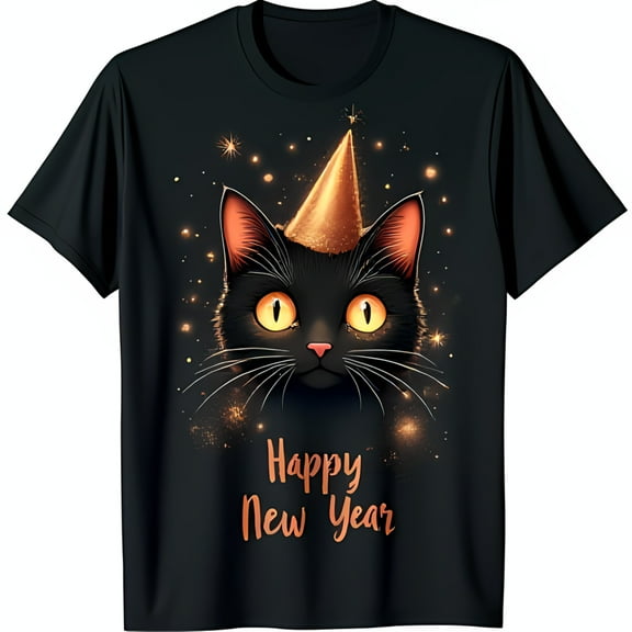 Whimsical Black Cat in Golden Party Hat Happy New Year Graphic Tee