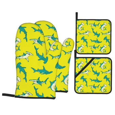 

Oven Mitts and Pot Holders 4 pcs Set Teal Hammerhead Shark Heat Resistant Pot Holders Oven Mitts for kitchen Non-Slip Hanging Loop Oven Glove Potholders for Baking Cooking