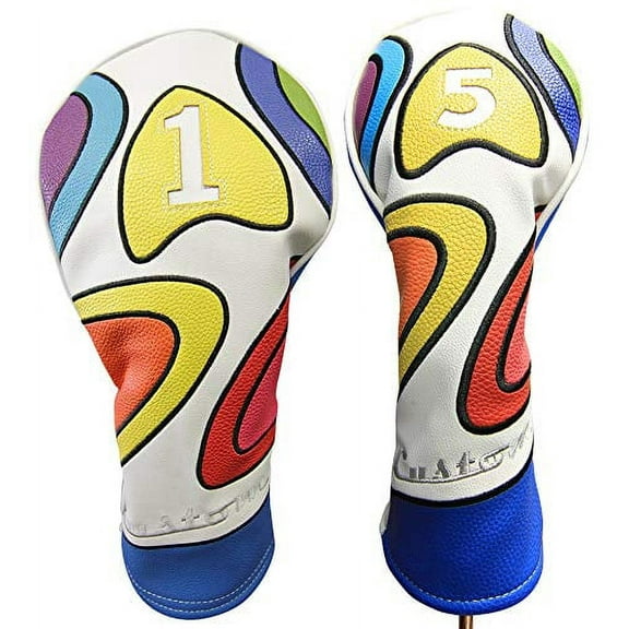 Majek Retro Golf Headcover Limited Edition Vintage Leather Style Psychedelic Colorful Groovy Custom Design #1 & 5 Driver Fairway Wood Head Cover