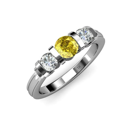 

Yellow Sapphire and Diamond (SI2-I1 G-H) Bar Set Three Stone Ring 1.13 ct tw in 14K White Gold.size 8.5