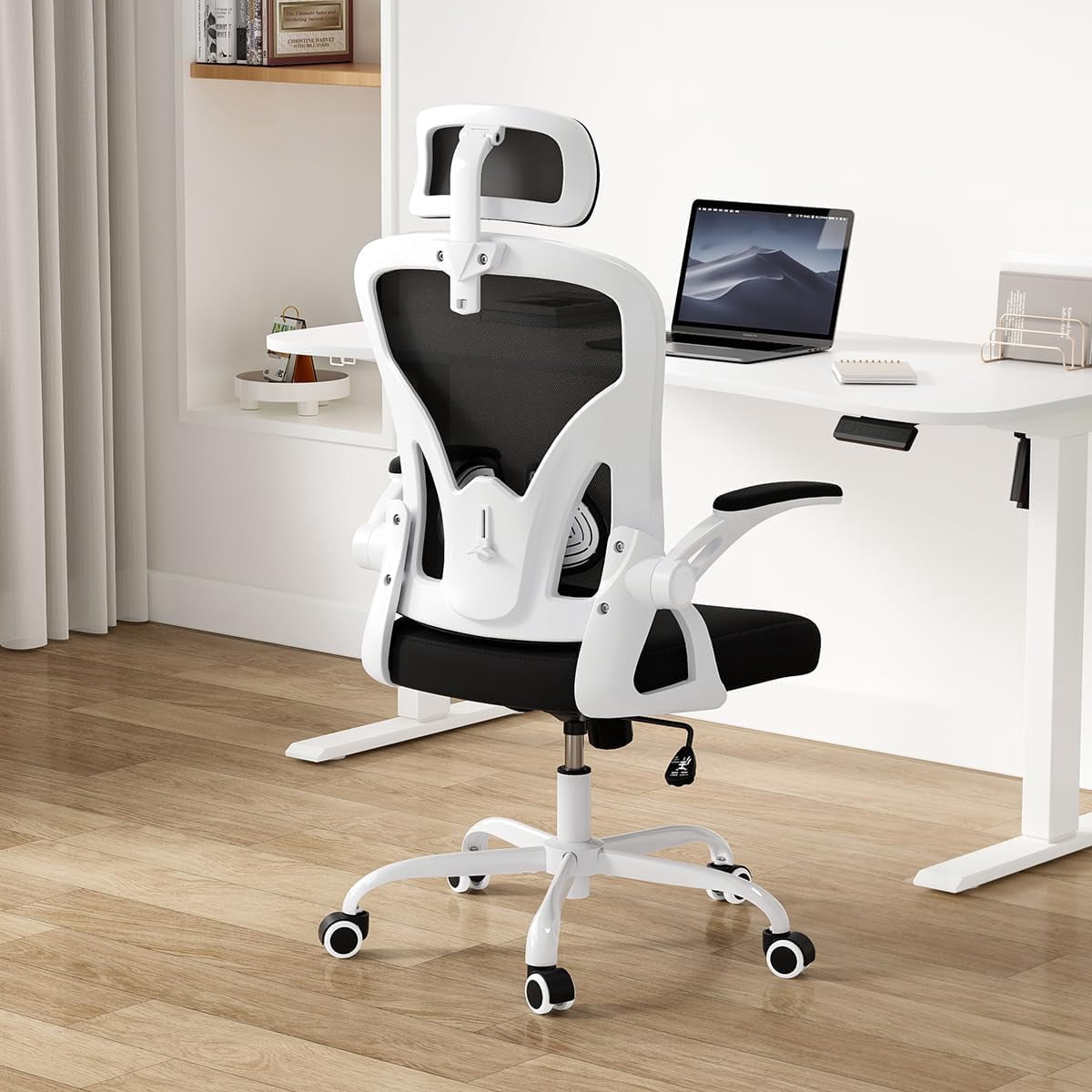 STARY Ergonomic Mesh Office Chair with Headrest, Tall Reclining Computer Chair with Adjustable Lumbar Support and Adjustable Arms for Home Office, White & Black