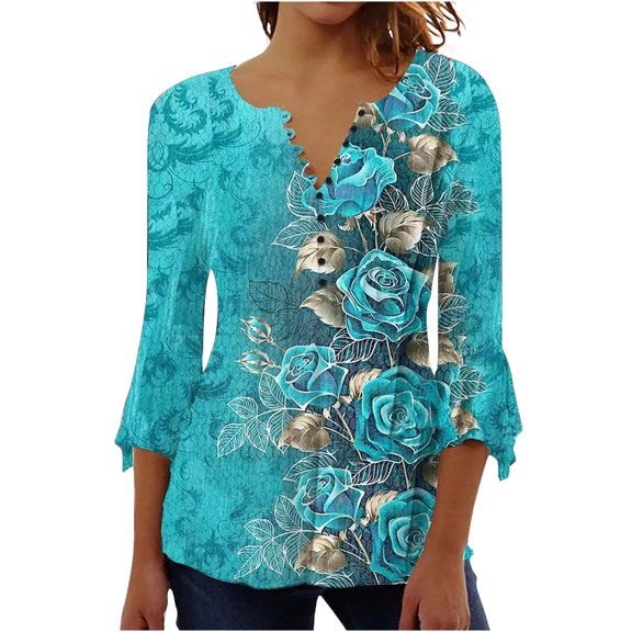 IROINNID On Sale Plus Size Shirts for Women Crew Neck Long Sleeve Comfortable Trumpet Printed Buttoned Basic Ruched Tops Pleated Blouses,Blue