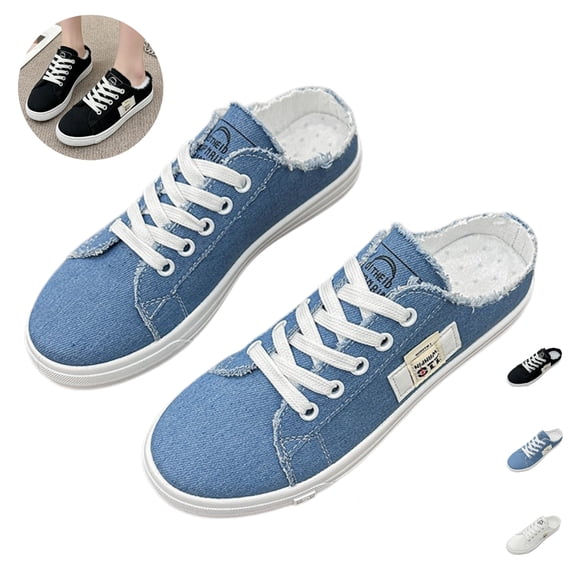 Mfakffe Womens Slip on Sneakers Summer Non Slip Sneakers Exercise Flat Shoes Casual Backless Canvas Shoes(Blue)