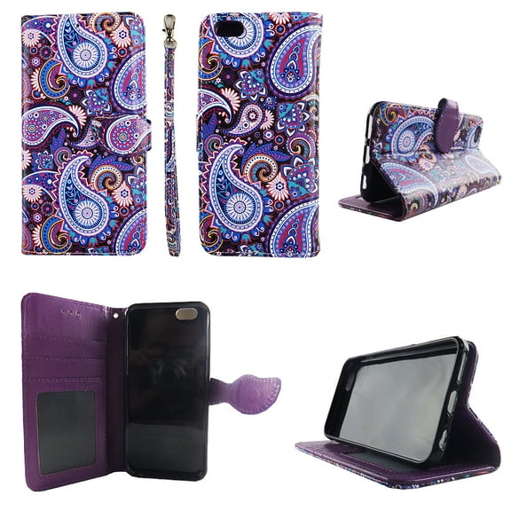 Purple Paisley Wallet Folio Case for iphone 6 6S Fashion Flip PU Leather Cover Card Cash Slots & Stand