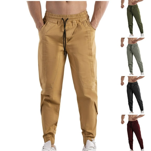 JURANMO Cargo Pants for Men Solid Cotton Jogger Pants Comfy Drawstring Waist Hiking Pants Elastic Leg Tapered Pants with Pockets Lightning Deals Khaki XS