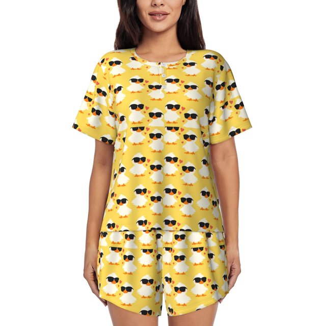 Balery Cute Duck With Black Glasses Conjunto de Pijama para Mujer con Estampado, Dos Piezas de Manga Corta y Shorts, Ropa de Dormir Suave con Cuello Redondo y Bolsillos-XX-Large