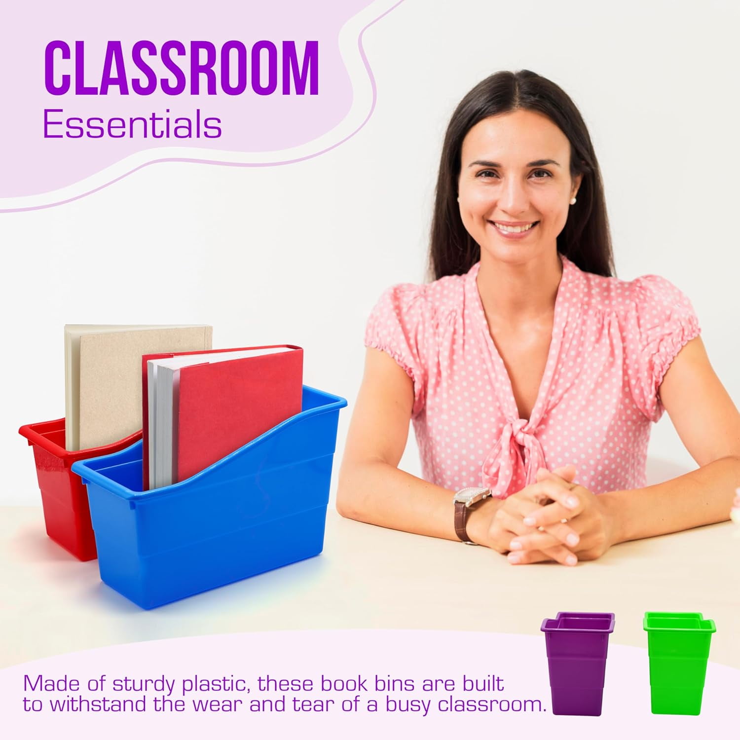 4E's Novelty Book Bin Organizer Set of 6, Plastic Vertical Binder Holder for Classroom, Rainbow Colors