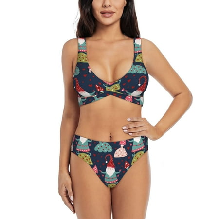 Zeuib Gnome With Mushroom High Waisted Tummy Control Bikini Set - Knot Front Push Up Top & Cheeky Thong Bottom  Two-Piece Swimsuit for Women-Small