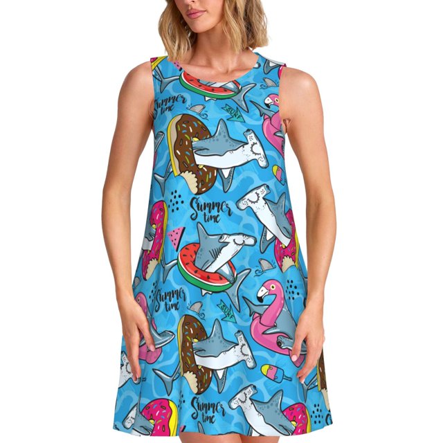 Fotbe Sharks Summer Vestido de Verano sin Mangas para Mujer – Vestido Midi Línea A, Estilo Camiseta Floral, Vestido Playero Casual y Fluido