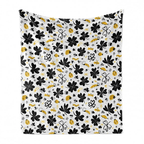 Forest Soft Flannel Fleece Blanket, Ladybugs Leaves Woodland Joyful Nature Kids Caterpillar Doodle Summer, Cozy Plush for Indoor and Outdoor Use, 50" x 60", Mustard and Charcoal Grey, by Ambesonne