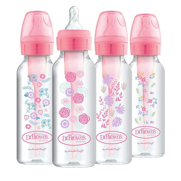 Dr. Brown's Options+ Baby Bottles, 8 oz/250ml, Botella estrecha, Diseños florales rosas, Paquete de 4 Dr. Brown's NA