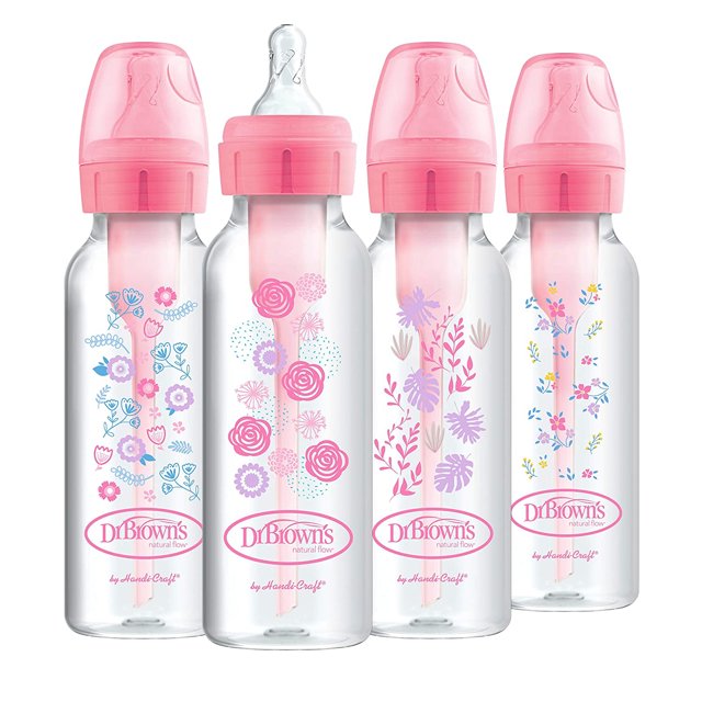 Dr. Brown's Options+ Baby Bottles, 8 oz/250ml, Botella estrecha, Diseños florales rosas, Paquete de 4 Dr. Brown's NA