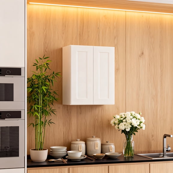 CasaGlow 24" White Shaker Solid Wood Wall Cabinet, Soft Close Double Doors with Adjustable Shelves, Storage Cupboard for Kitchen, Bathroom, Laundry Room, Garage