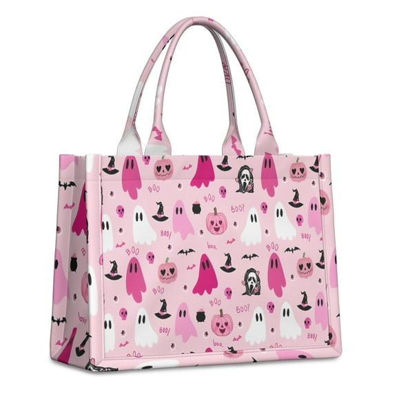 Large Capacity Tote Bag,Halloween Pink Ghosts and Witchy Elements Handbag Fashion Luxury Tote Bag,15.7"x13"x 5.1" Inches,Laptop Compatible