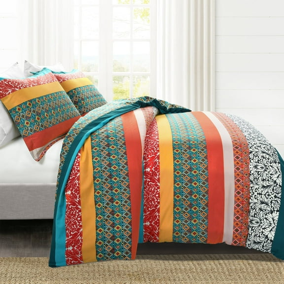 Lush Decor Boho Stripe Duvet Cover - Turquoise/Tangerine - Full/Queen