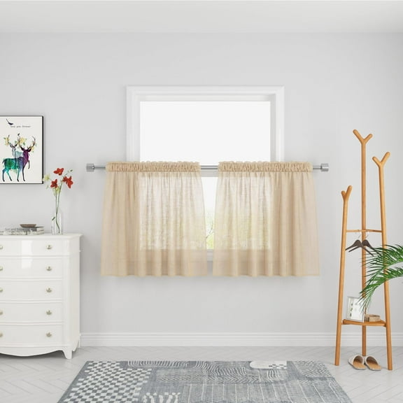 MKEUDQ-Beige Curtain Panels Small Sheer Tier Curtains 30 inches Long Voile Kitchen Tiers Linen Textured Cafe Bathroom Basement Door Short Half Window Curtains Cabinet Cover 2 Panels Rod Pocket