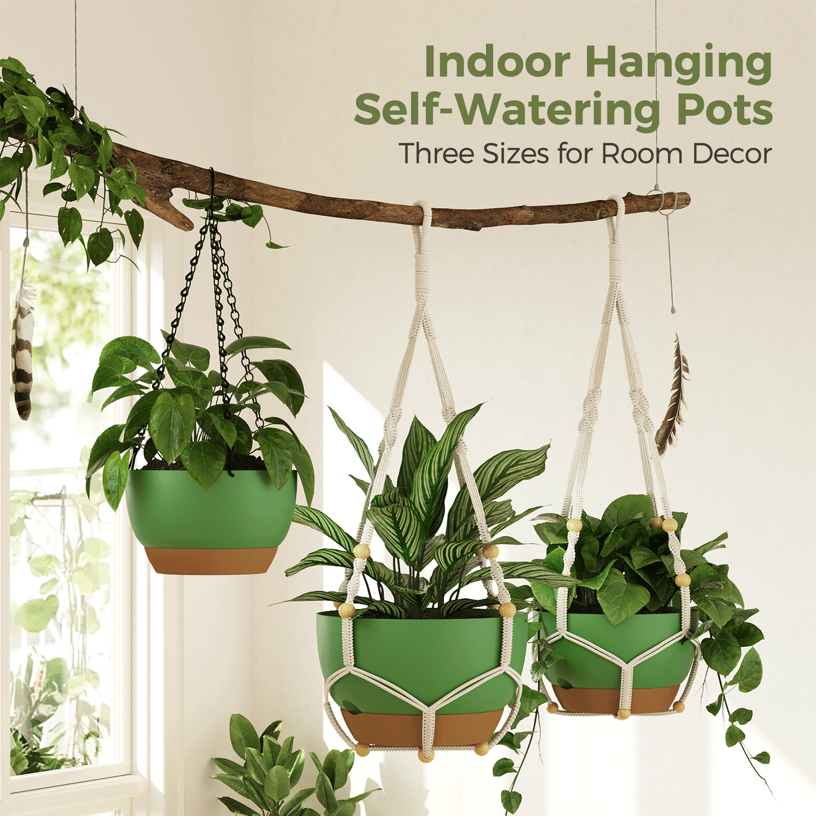 10 inch Plant Pot Hanging Planters Self Watering Pots for Indoor Plants, 3 Pack Plastic Hanging Basket with Removable Tray for Home Garden Porch Balcony Patio Decor,green