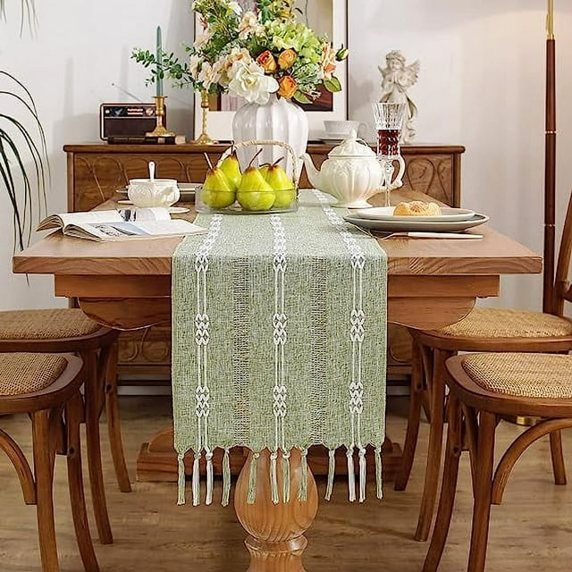 Nvzi Camino de mesa estilo granja, camino de mesa rústico con borlas, camino de mesa bohemio de lino y algodón, camino de mesa trenzado a rayas de 13 x 72 pulgadas