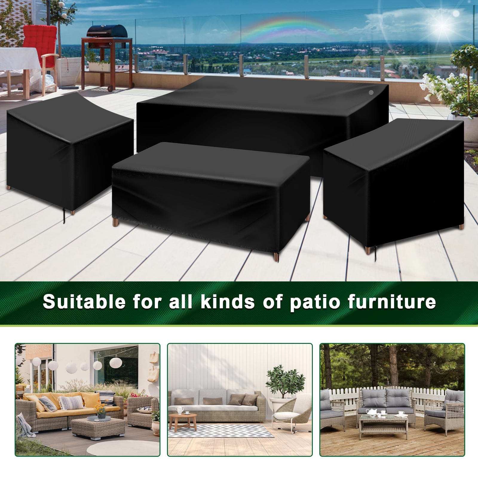 Wekvgz 4 Piece Patio Furniture Cover Set Waterproof 420D Heavy Duty Outdoor Furniture Cover with Windproof Buckle Strap and Adjustable Drawstring Tear-Resistant Sofa Table Chair Protect Cover