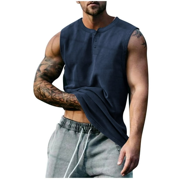 YUGYXL Men's Button Henley Shirt Muscle Tank Tops Sleeveless Henley Shirts Muscle Fit V Neck Button Down Tank Top for Men Navy M
