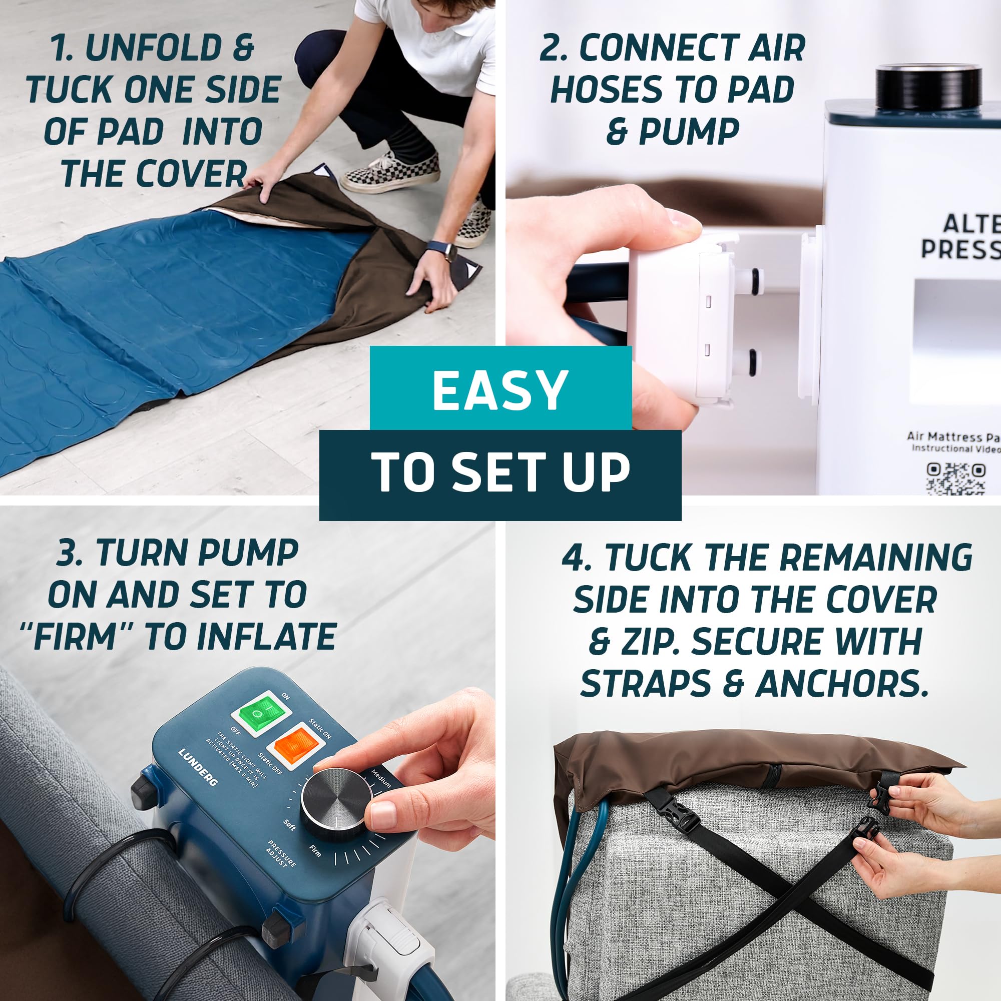 Lunderg Alternating Air Pressure Pad for Recliner Chair - Pressure Relief Cushion Topper for Recliner - Bedsore Prevention - Medical Grade Mattress Pad, Cover & Quiet Pump - Home or Hospital (Coffee)