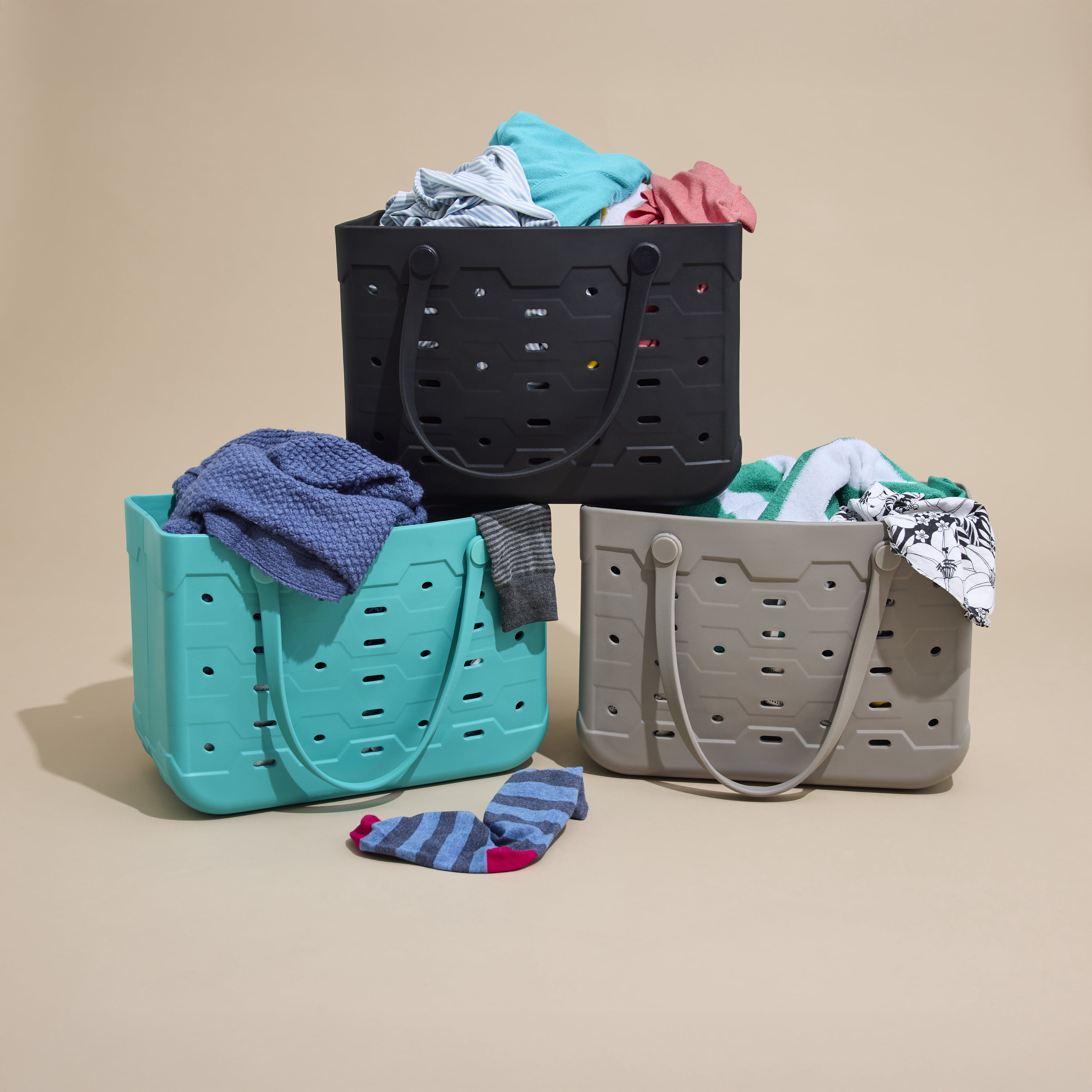 Mainstays Large All Purpose Flex Laundry Tote, Washed Stone – Waterproof & Washable – 18" W x 8.75" D x 13" H