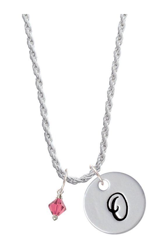 Indian Pink Crystal Bicone Silvertone Script Initial Disc - O - Charm Necklace, 20"+3"