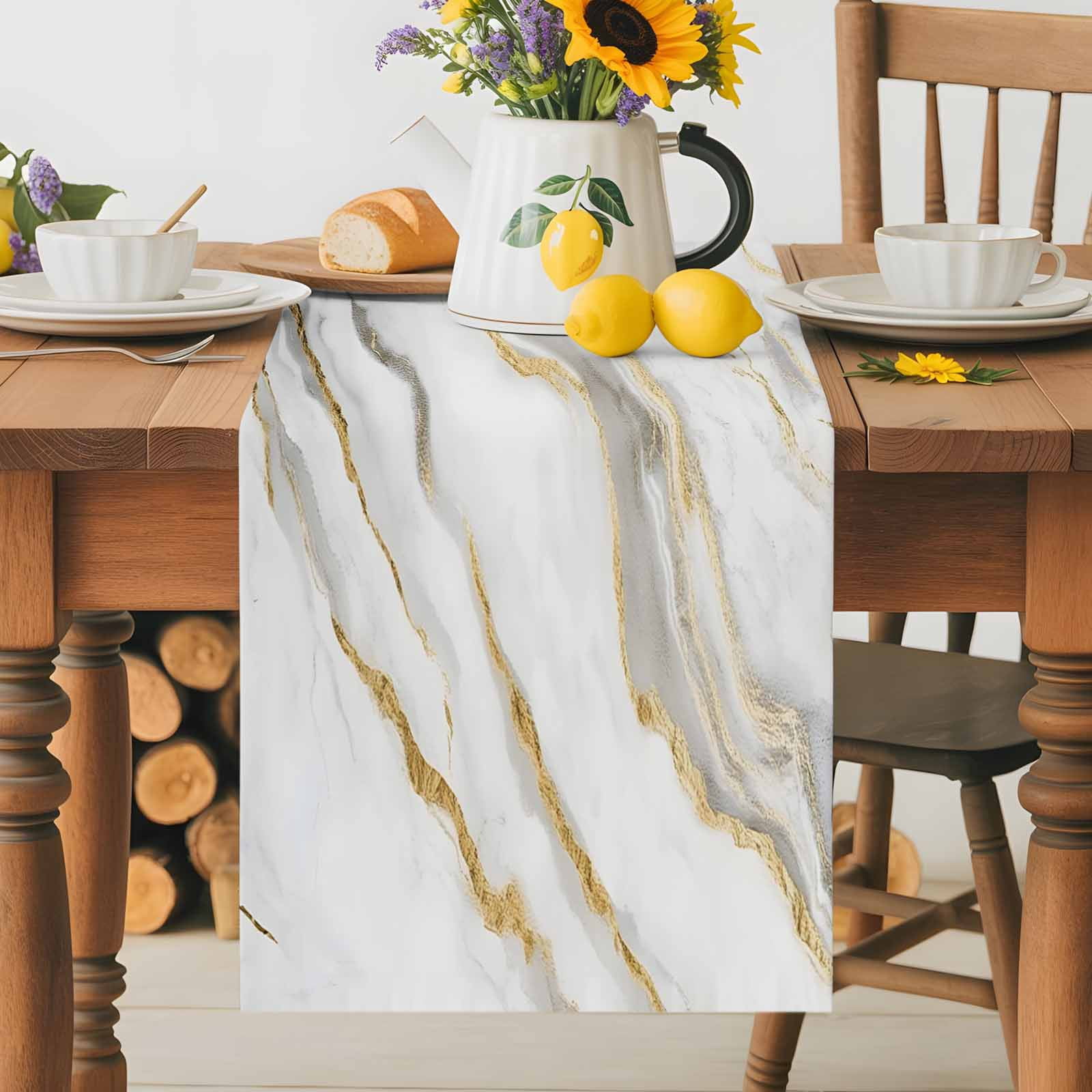 Kitchen Table Runner 90 Inches Long, Abstract White Marble Texture Cotton Linen Table Runners for Dining Tables Home Holiday Party Wedding, Retro Golden Veins Seamless Tabletop Scarf