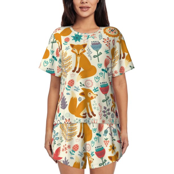Balery Whimsical Fox Floral Garden Conjunto de Pijama para Mujer con Estampado, Dos Piezas de Manga Corta y Shorts, Ropa de Dormir Suave con Cuello Redondo y Bolsillos-X-Large