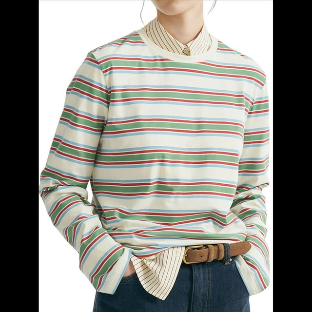 Sudadera de Rayas con Cuello Redondo para Mujer, Larga, Bloque de Color, Informal, Holgada, Deportiva Ortografía Verde, Roja L