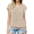 thumbnail image 3 of VBVC Women's Crew Neck Pleated Batwing Sleeve Blouse , Ladies' Loose Flowy Casual Top , Soft Elastic Hem Summer Shirts For Women,Beige,S-2XL, 3 of 9
