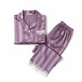 thumbnail image 4 of BaoFuBaoMei Satin Pajamas for Women Plus Size 2 Piece Short Sleeve Button up Lounge Set Collared Top and Pants Pjs Lace Trim Striped Sleepwear, 4 of 6