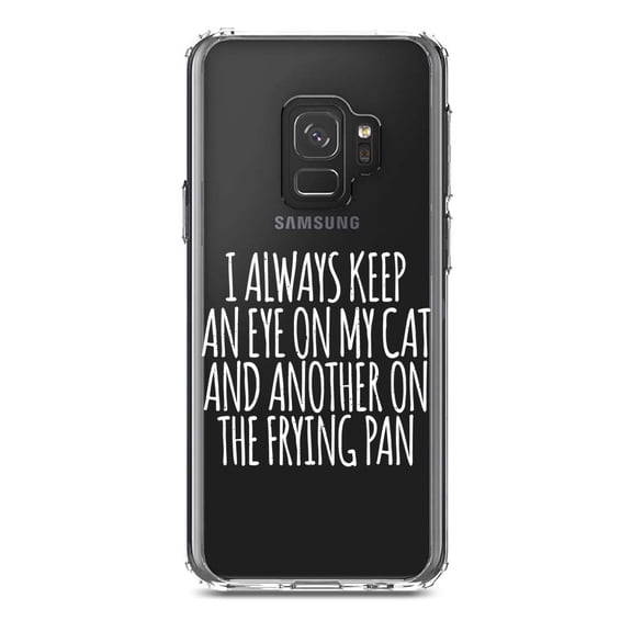 DistinctInk Clear Shockproof Hybrid Case for Samsung Galaxy S9 (5.8" Screen) - TPU Bumper Acrylic Back Tempered Glass Screen Protector - Always Keep Eye on Cat and on Frying Pan