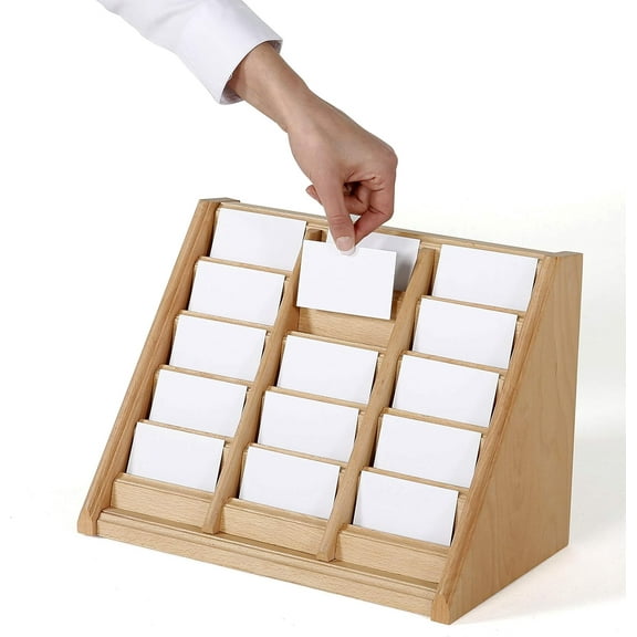 M&T Displays 5 Tiered Natural Wood Business Card Holder 15 Pockets - Desktop Organizer for Office