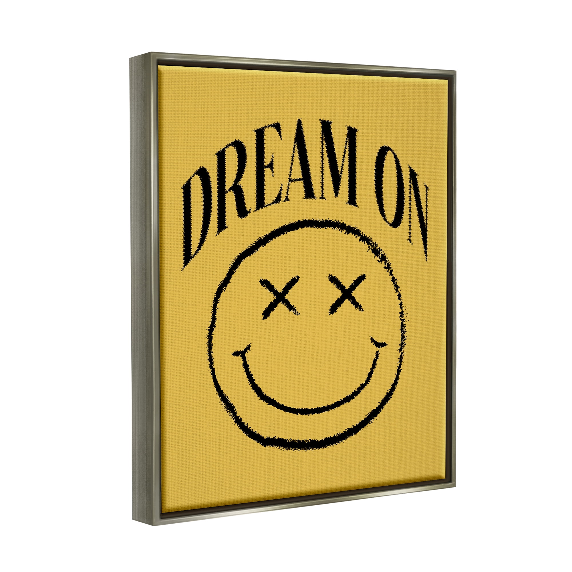 Stupell Industries Dream On Yellow Smiley Abstract Painting Gray Floater Framed Canvas Art Print Wall Art, 25 x 31