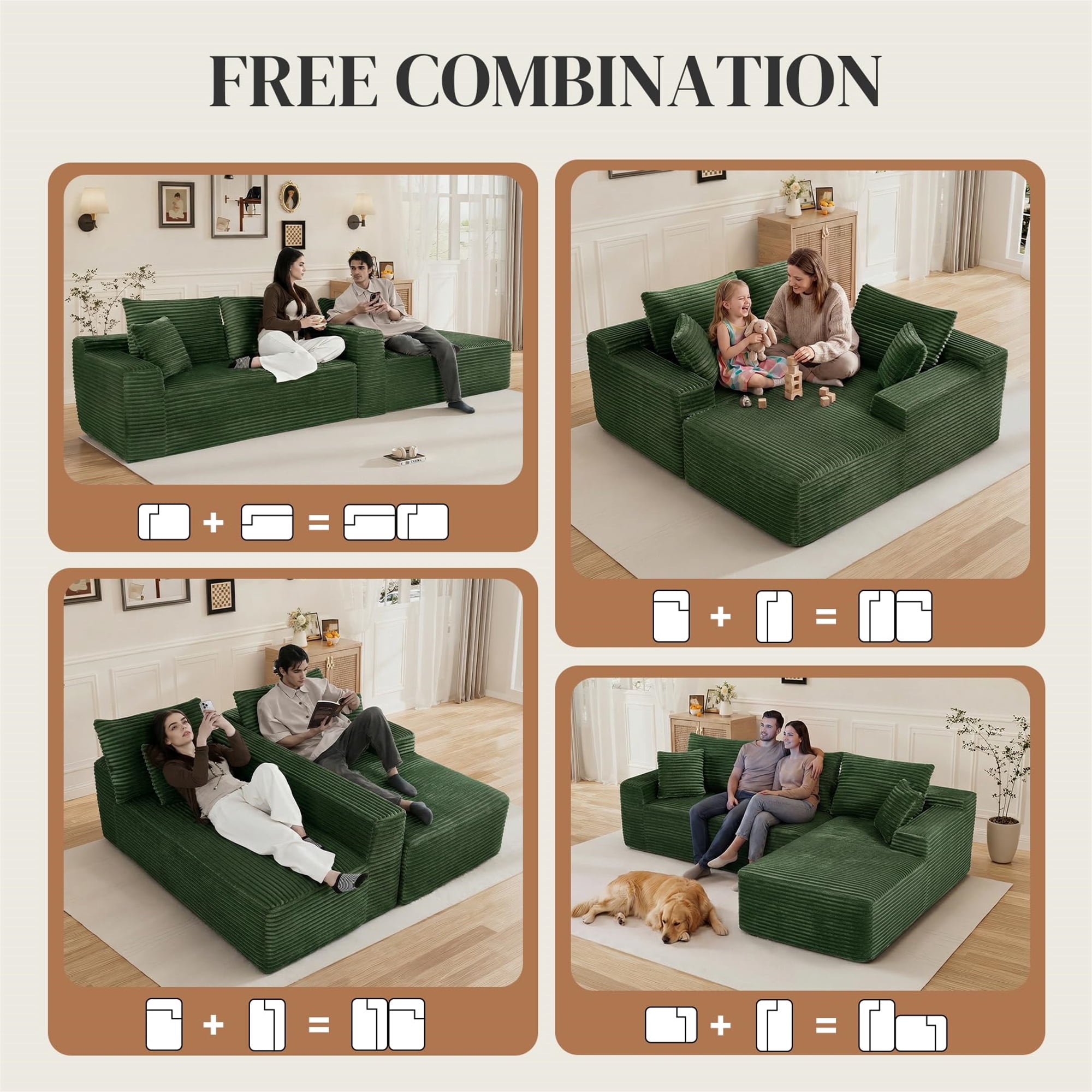 Aukfa 108" Cloud Sectional Sofa Deep Seat Boneless Couch Modular L-Shaped Couch, Rihgt Chaise Corduroy Sofa for Living Room, Green