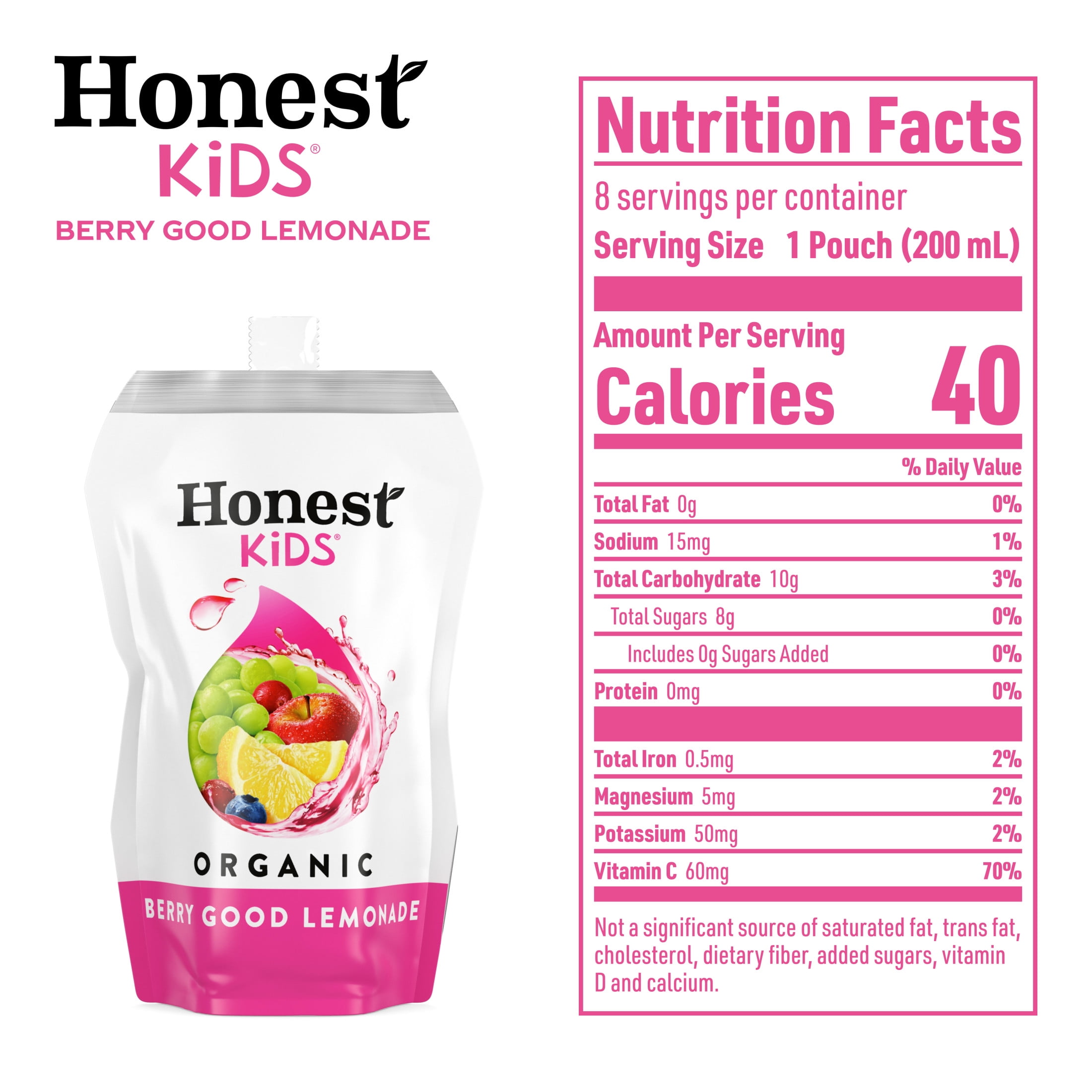 Honest Kids Berry Good Lemonade Organic Juice Drink Pouches, 6.75 fl oz, 8 Pack