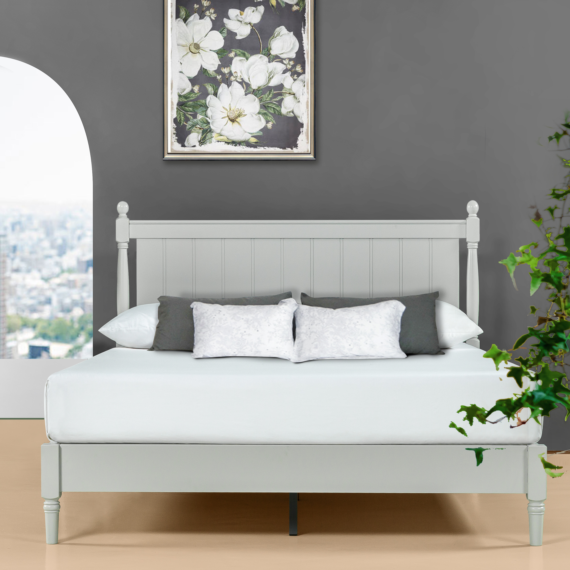 Zinus Provence 41" Wood Platform Bed with Headboard, Pale Grey, Full