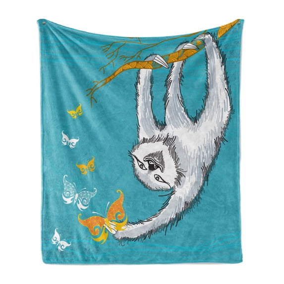 Sloth Soft Flannel Fleece Throw Blanket, Sketchy Sloth with Butterflies Ornate Branch Nature Inspired Art Design, Cozy Plush for Indoor and Outdoor Use, 50" x 70", Teal Pale Grey Orange, by Ambesonne