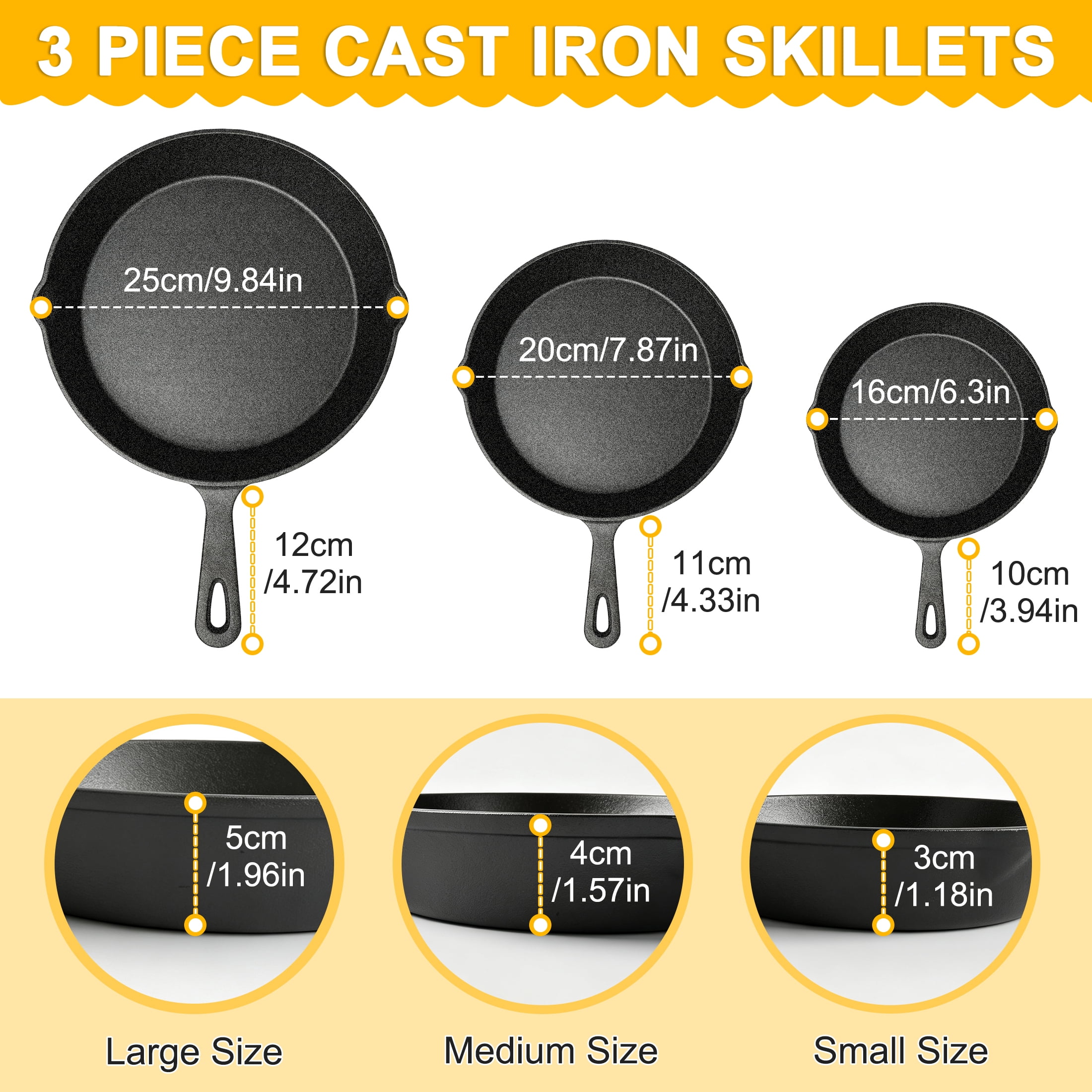 Cast iron Skillets 3 Piece Set, Heavy-Duty Professional Restaurant Chef Quality Pre-Seasoned Pan Cookware Set, 6", 8", 10" Pans For Frying, Saute, Cooking, Use Indoor/Outdoor, Oven, Grill