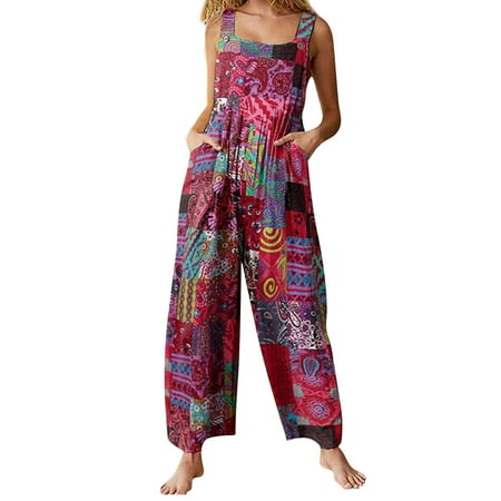 

Pudcoco Women Summer Overalls Ethnic Square Neck Sleeveless Jumpsuit