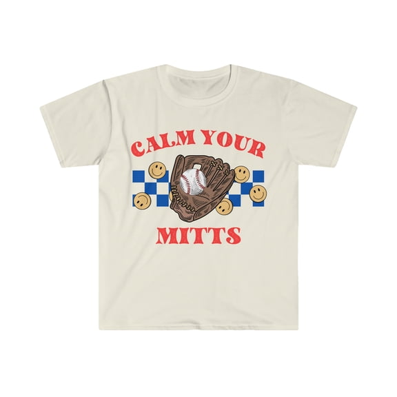 Calm Your Mitts T-Shirt, Retro Baseball Mama Checkered Smiley Face Shirt Natural Medium