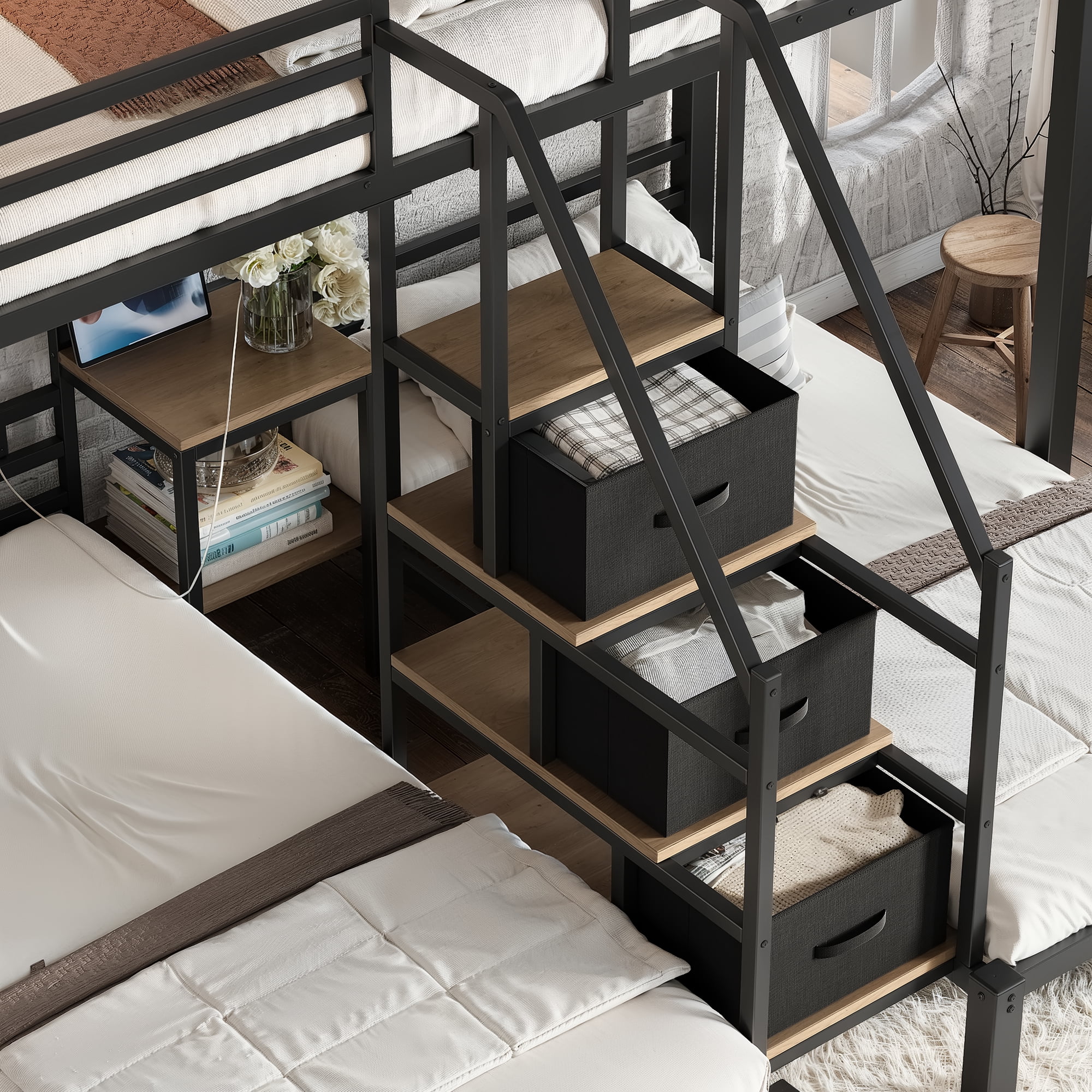 HOQBN Triple Bunk Bed Twin over Twin,Heavy Duty Metal Bed Frame with Storage Stair Drawers,No Box Spring Needed,Black