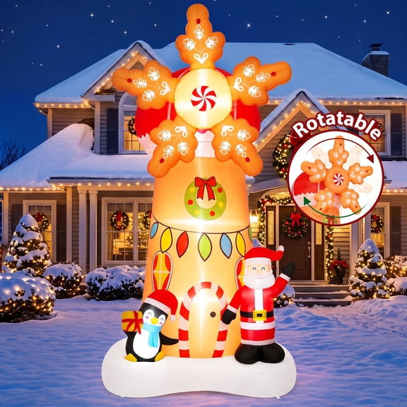 Firstness 7.7Ft High Christmas Inflatables Spinning Windmill with Santa and Penguin, Christmas Blow ups with LED Lights, Outdoor Yard Decoration